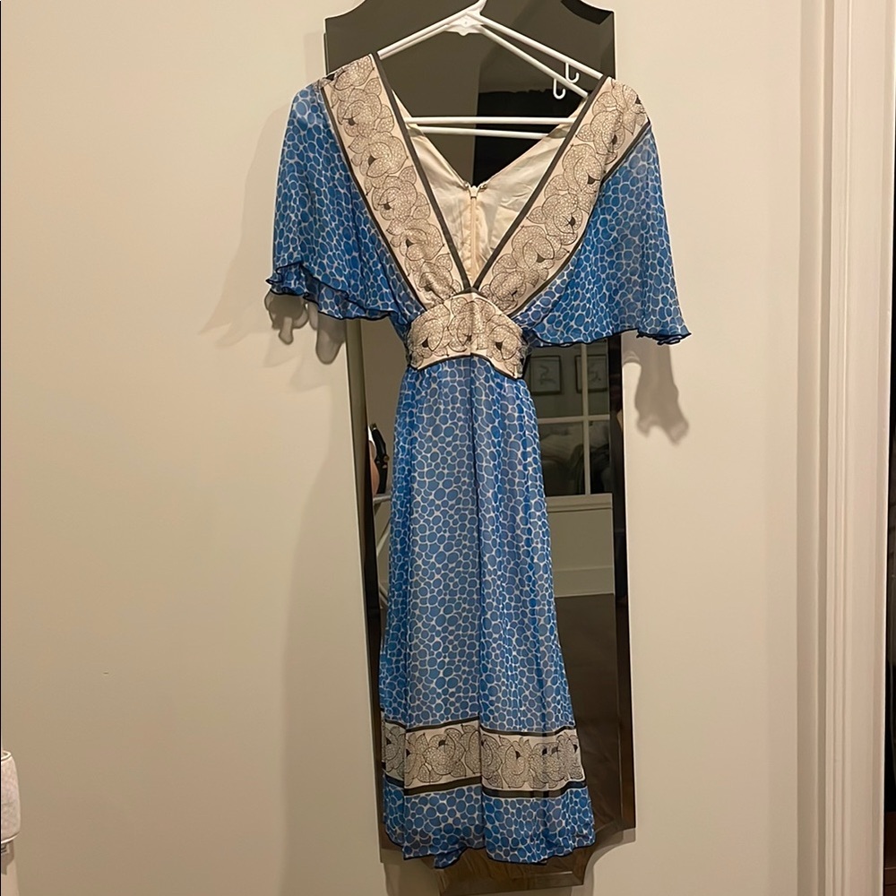 Anna Sui Blue and White Flutter Sleeve Maxi Dress